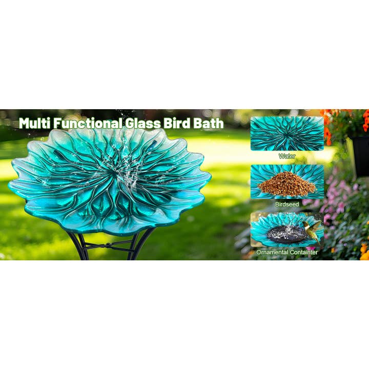 Liffy - Wholesale Bird Bath - Green Glass Bird Bath with Metal Stand Garden Decor6