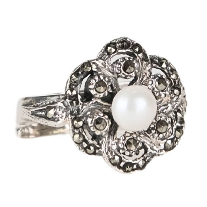 Anel Flor Marcassites em Prata com Pérola por atacado de PORTUGAL JEWELS