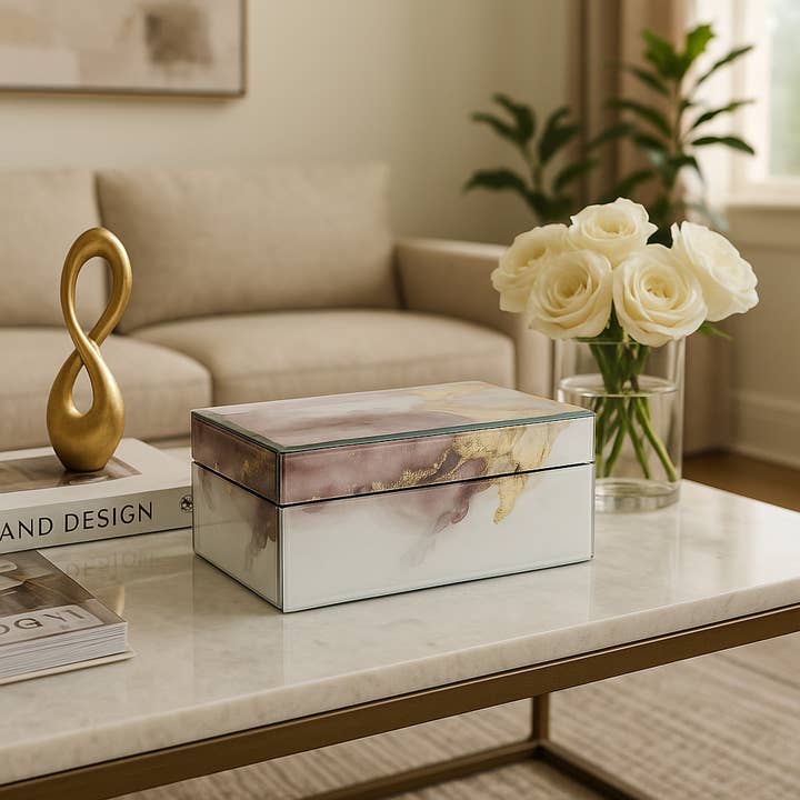 Sagebrook Home - Wholesale Decorative Box - Decorative Box - White/Beige/Gold Wood Abstract, 8x3 in.2