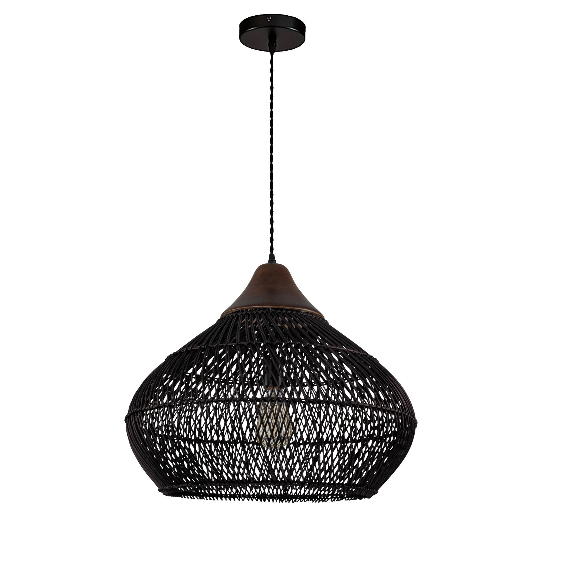 Noir Mat Grande lampe suspendue en rotin Coastal, plafonnier noir mat en vente sur Faire4