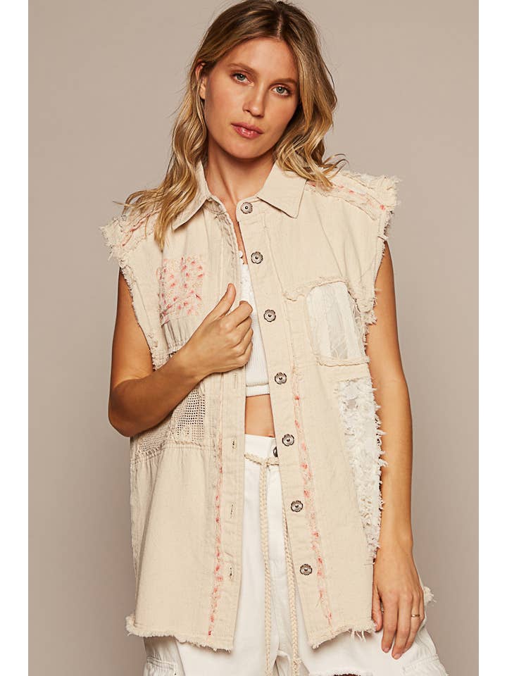 Pol Clothing - Wholesale Denim Jacket - Women's - Sleeveless crochet lace floral patch denim jacket