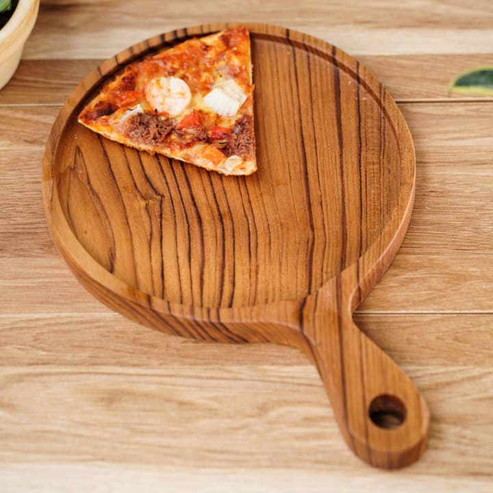 Rainforest Bowls - Wholesale Pizza Board - 10 Inch Teak Wood Pizza Board with Handle & Rim5