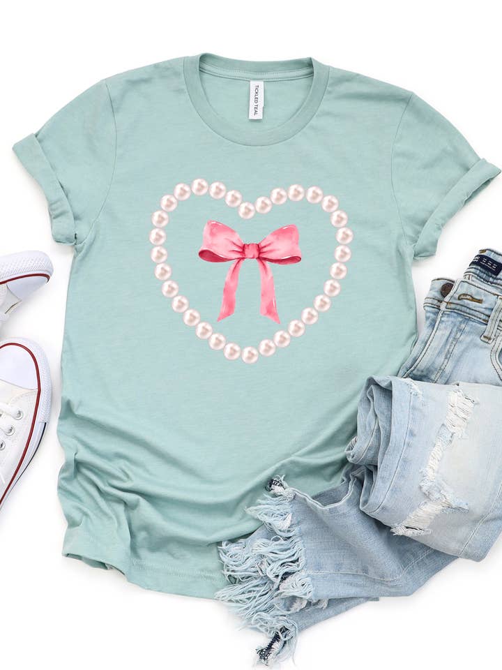 Pearl Heart Pink Bow Graphic Tee | Coquette for wholesale by Tickled Teal