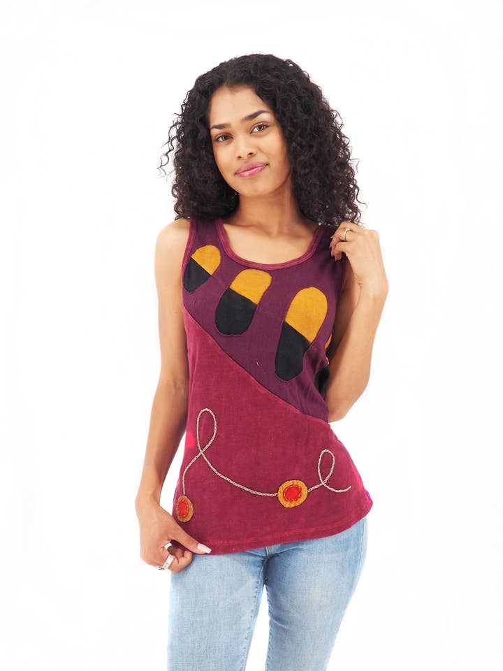 Handmade Patchwork Boho Tank Top 100% Pre-Washed Cotton Eggplant Burgundy Tones S-M-L-XL for wholesale by Purple Boho