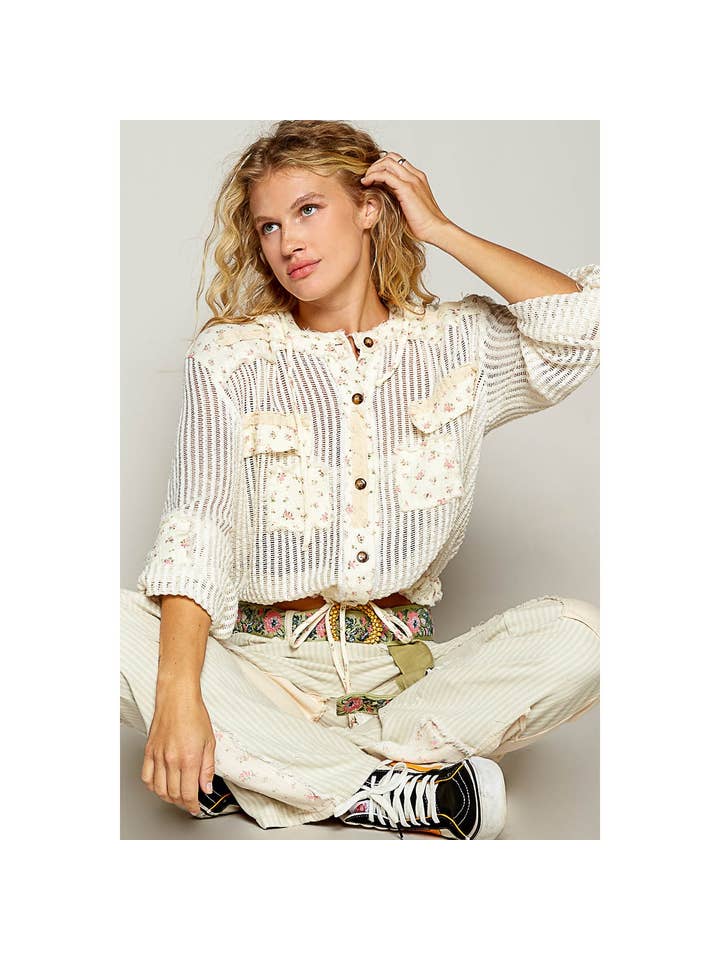 Pol Clothing - Wholesale Jacket - Women's - Vintage washed floral print patch crochet jacket