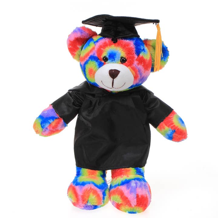 Graduation Animals-- Tye dye bear 11" with custom imprint for wholesale by Plushland
