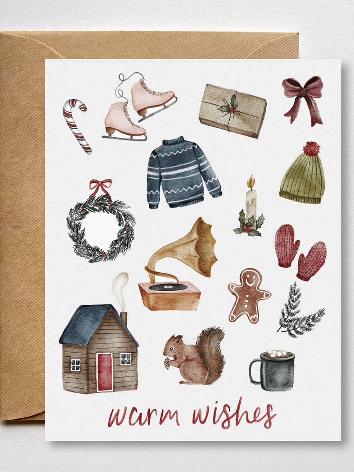 Vintage Holiday Icons Warm Wishes Greeting Card for wholesale by Fox & Fables