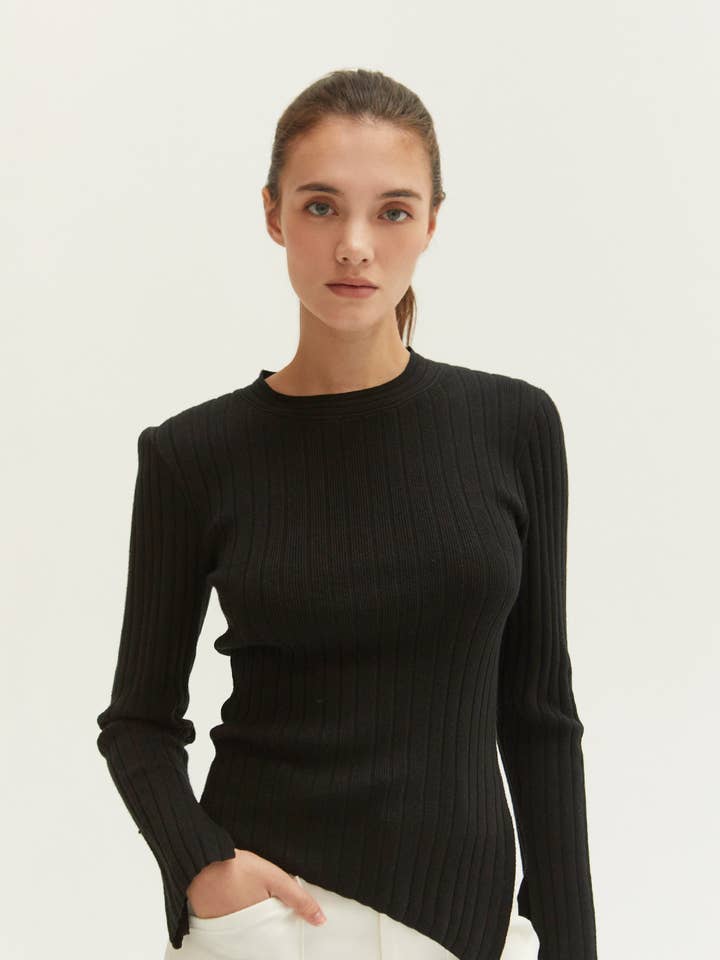 Crescent - Wholesale Knit Top - Women's - CT8839 - Danielle Rib Knit Asymmetric Hem Top
