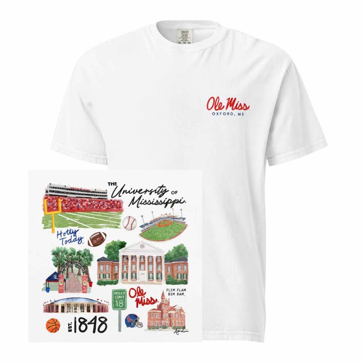 Carper Creative Co. - Wholesale Screen Printed T-Shirt - Unisex - Ole Miss Watercolor Art Collage T-shirt - Comfort Colors4
