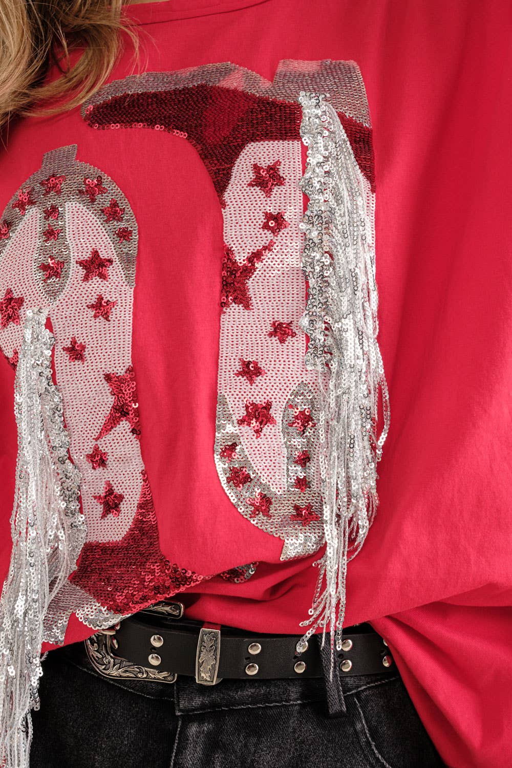 Blue B - Wholesale T-Shirt - Women's - 32487T - Cotton Sequin Western Boot Fringe Loose Side Tee24