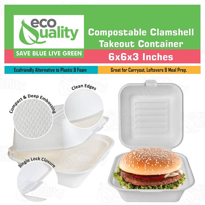 EcoQuality - Wholesale Food Storage Container - Compostable Square Hinged Clamshell 6x6 Food TakeOut Box