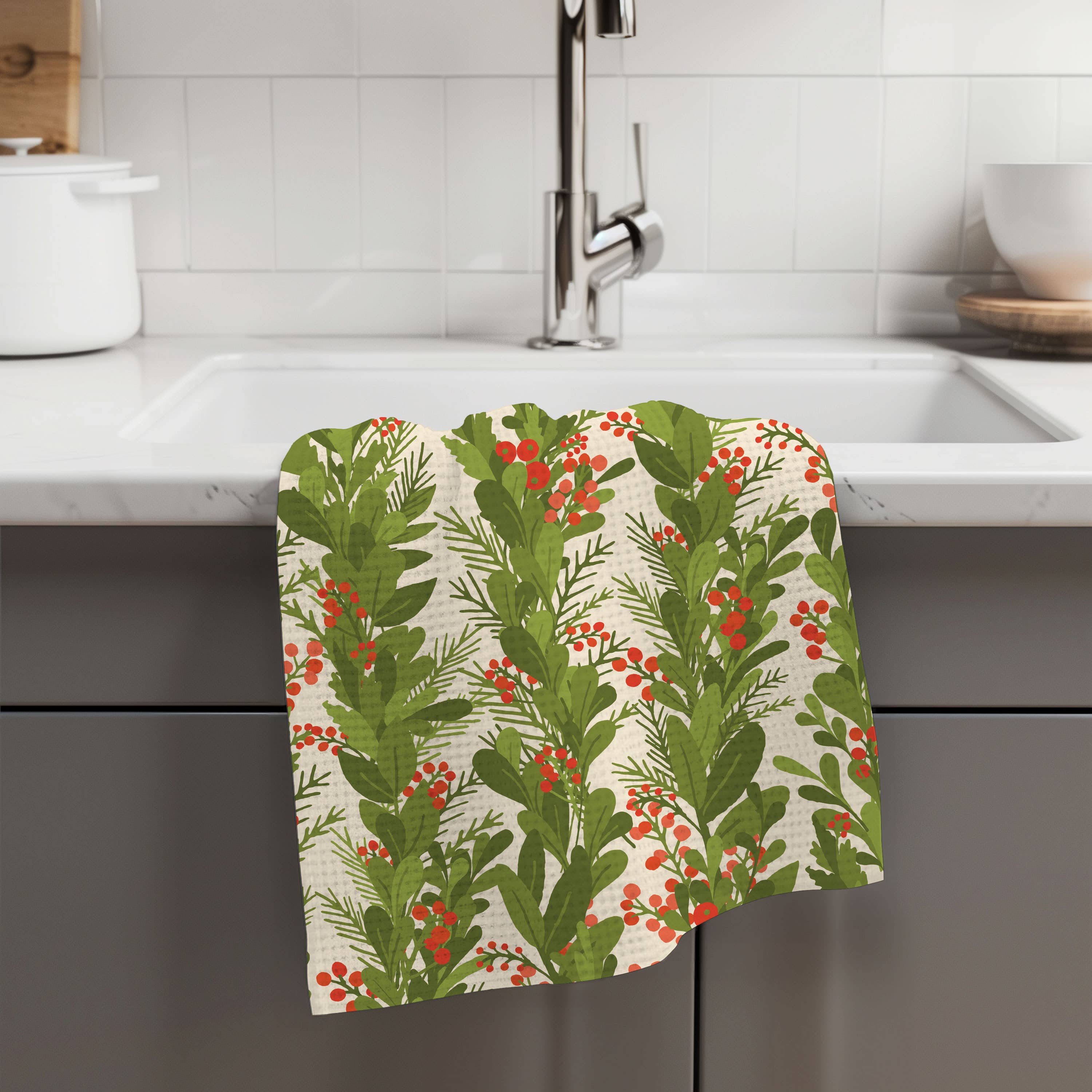 Canary Road - Wholesale Tea Towel - Christmas Garland Kitchen Tea Towel Waffle Holiday Baking1