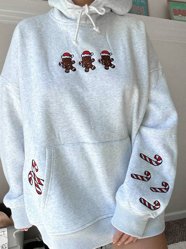 Grey Gingerbread Recipe Christmas Embroider Hoodie for wholesale on Faire