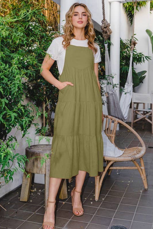 Oddi – wholesale Dress – Women's – Solid Button Sling Tiered Midi Dress7