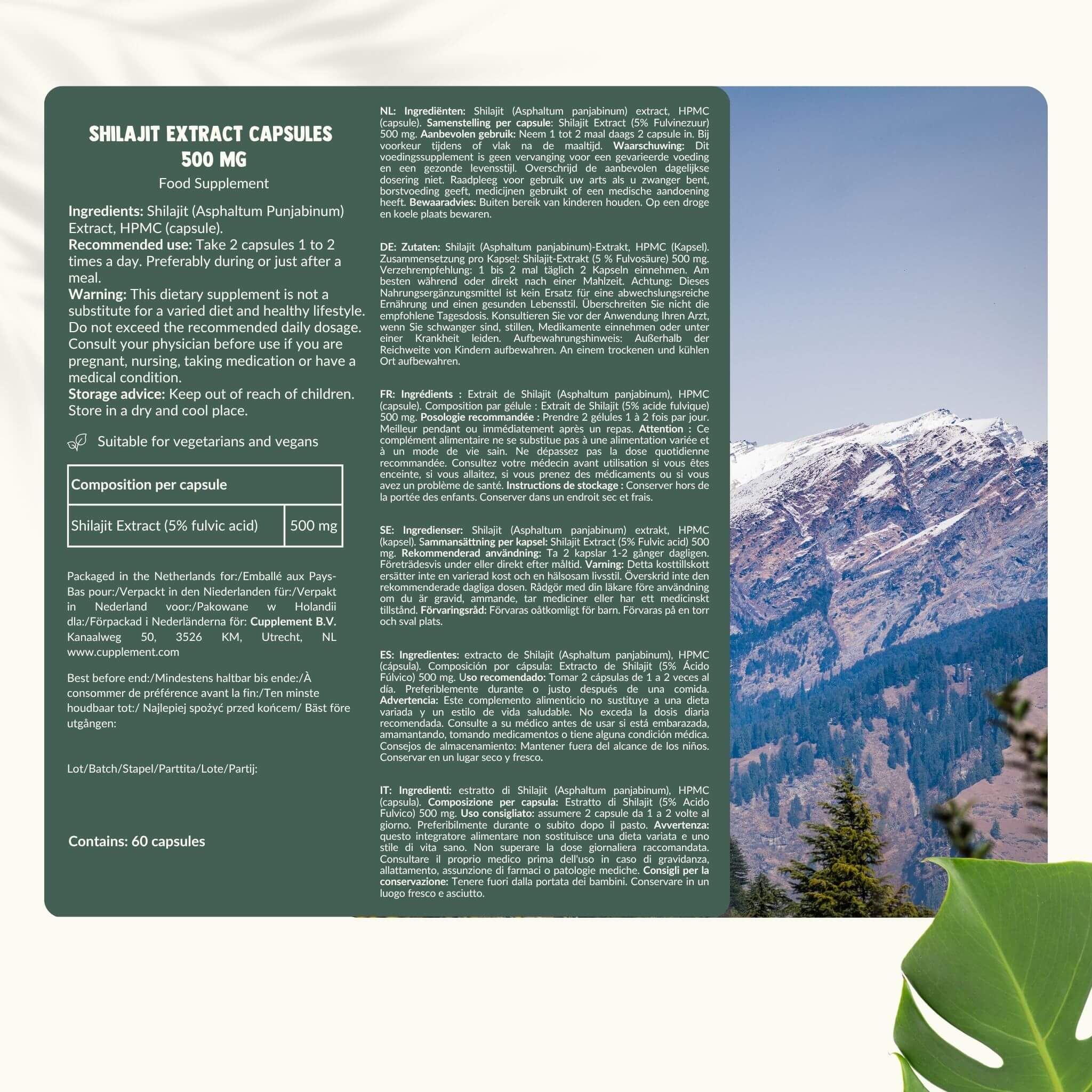 Cupplement b.v. – Suplemento/vitamina oral por atacado – Cápsulas de Extrato de Shilajit (5%) 500 mg 60 Cápsulas7