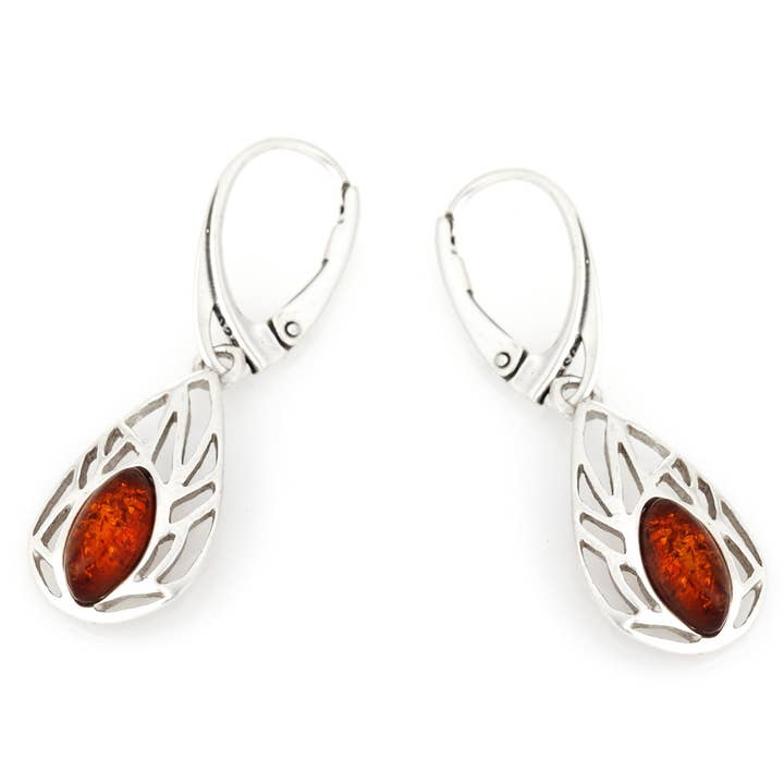 Cognac amber pendant earrings, sterling silver for wholesale by OPALOOK France