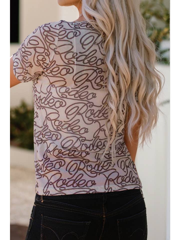 Brown LDC Rodeo Print Round Neck Slim Fit Mesh T Shirt for wholesale on Faire