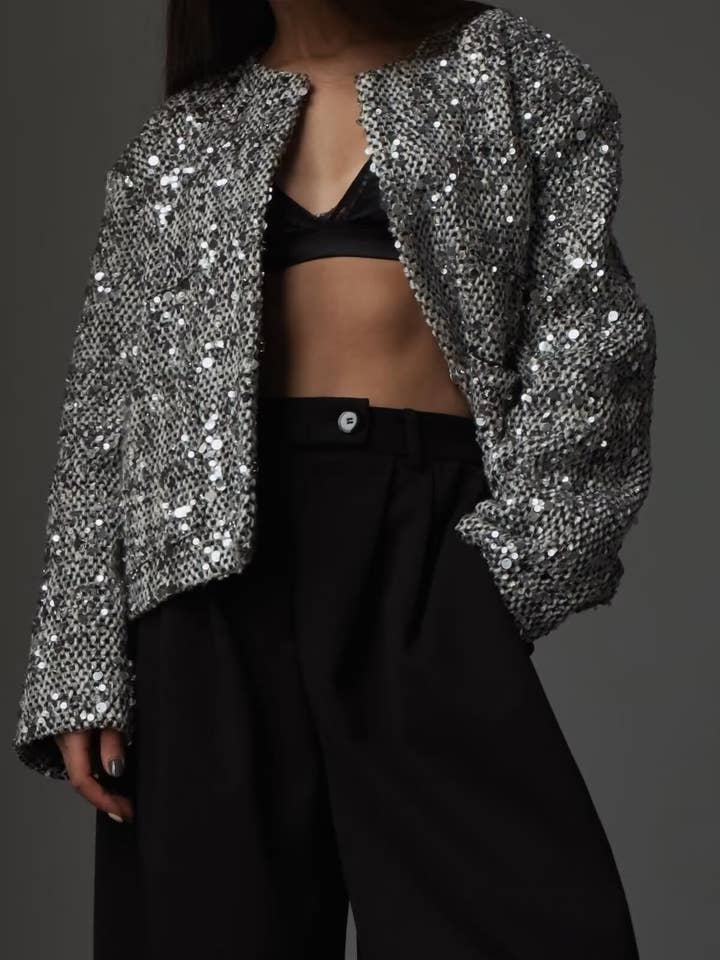 silver sequin tweed bomber jacket for wholesale on Faire