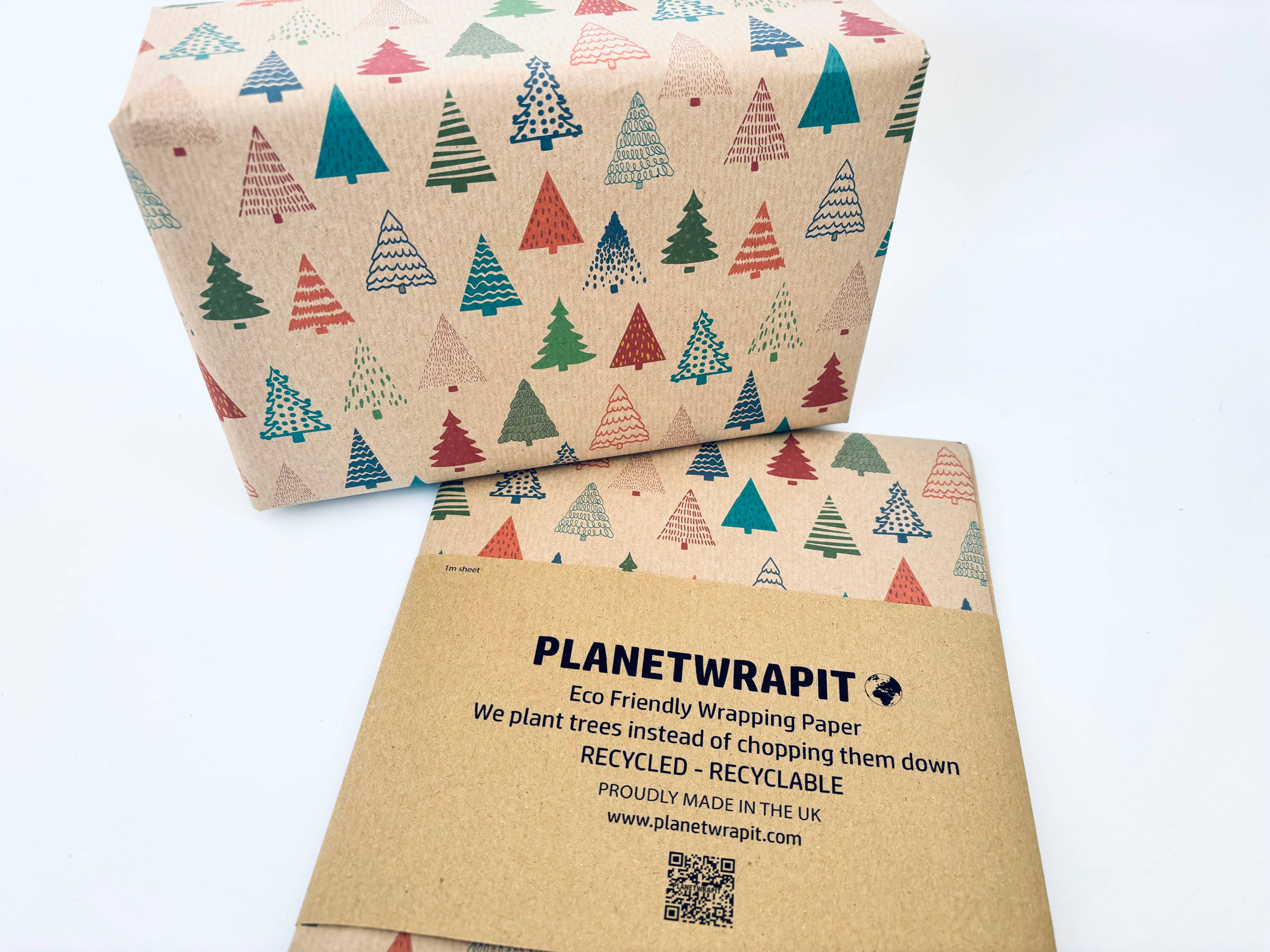 PlanetWrapIt - Wholesale Wrapping Paper Roll - Colourful Christmas Trees Recycled Kraft Gift Wrapping Paper6
