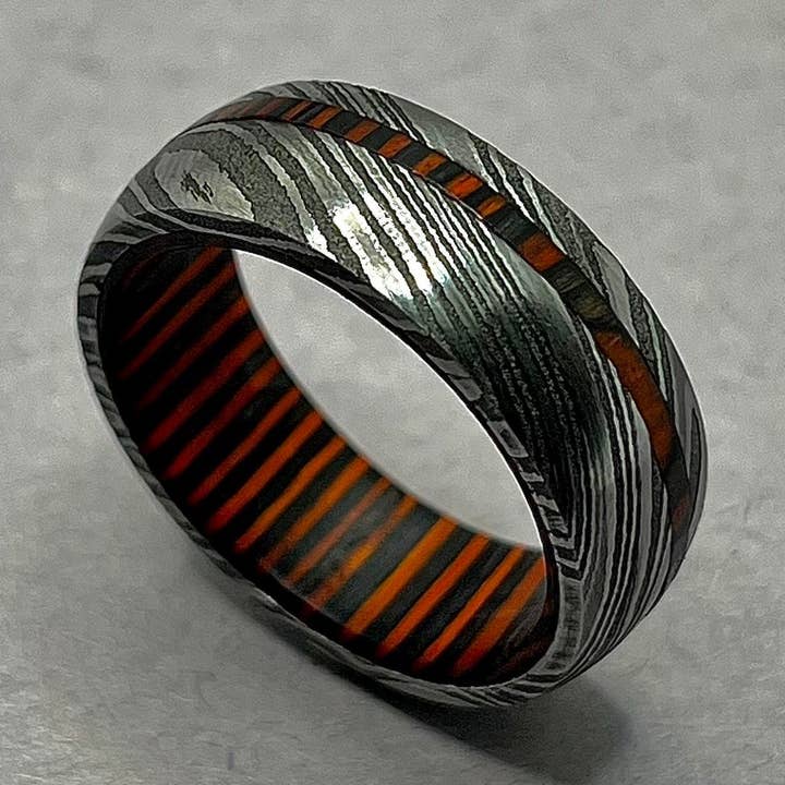 Damast-Ring / Herren-Ehering / Exotischer Holz-Ehering / Verlobungsring / Herrenring / Damaststahl-Jubiläumsband / Geburtstagsgeschenk für den Großhandel von RustyStudioUSA