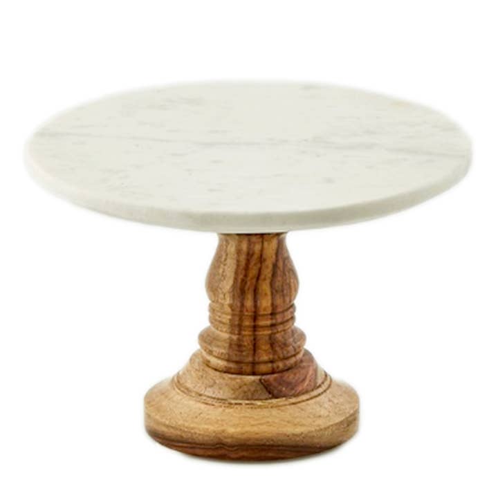 BIDKhome - Wholesale Cake Stand - Med. White Marble Cake Plate W/Mango Wood Stand