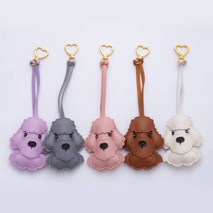 18K Gold Filled Pink, Grey, Purple, Brown, White Poodle Dog Pet Leather Knot Bag Charm Keychain Heart Key Ring Accessories | WB-00022 ~ WB-00026 for wholesale by Aim Eternal