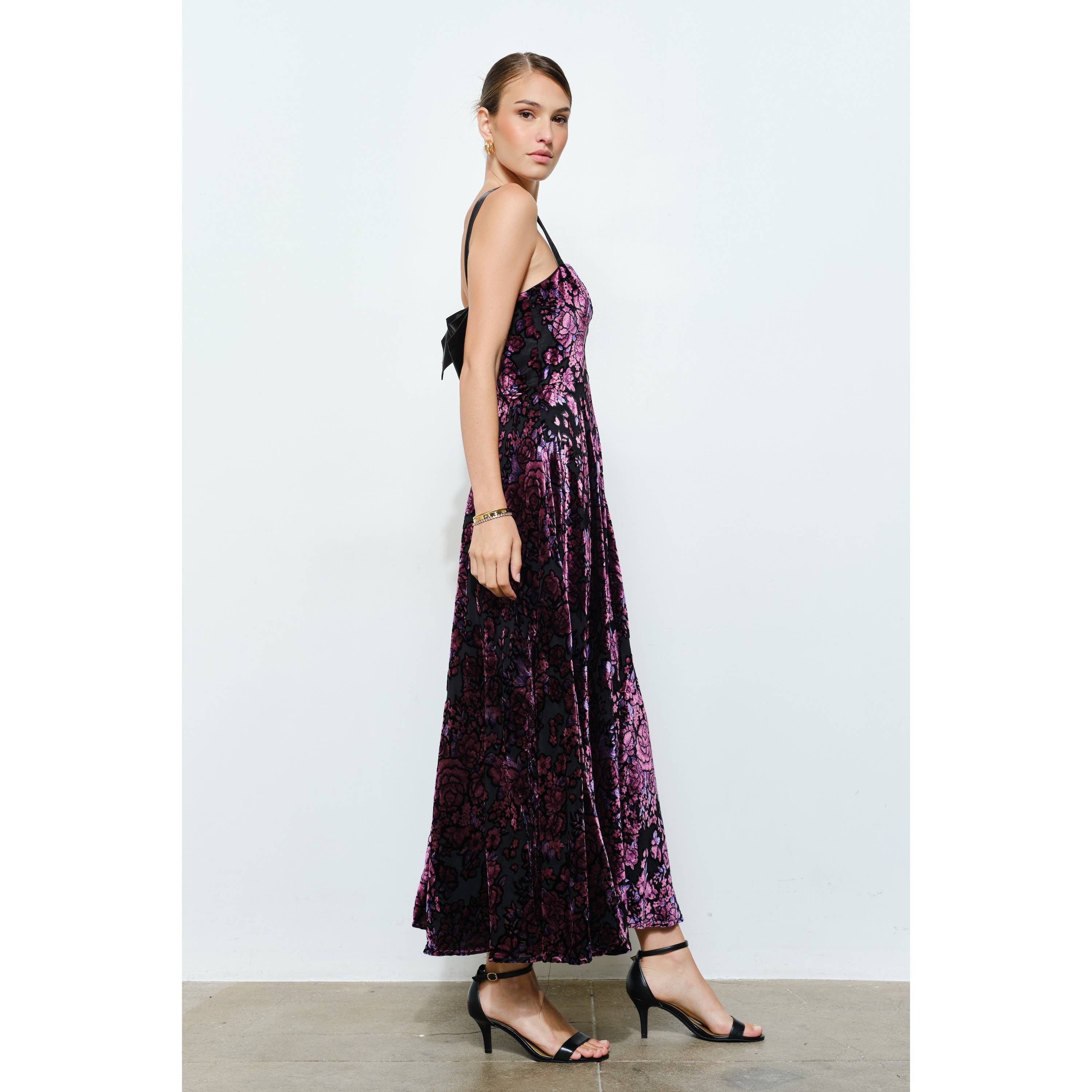INA – wholesale Dress – Women's – Velvet Floral Bow-Back A-Line Maxi Dress11