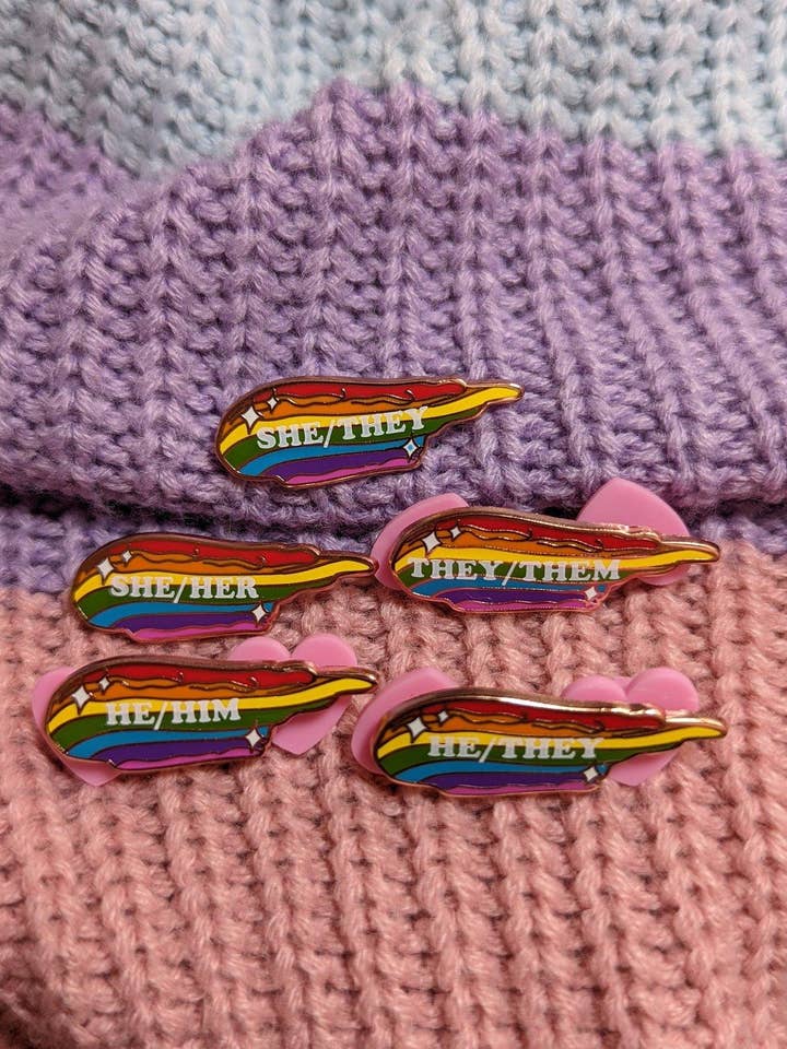 Pronoun Rainbow Enamel Pins for wholesale by Killing Her Softly
