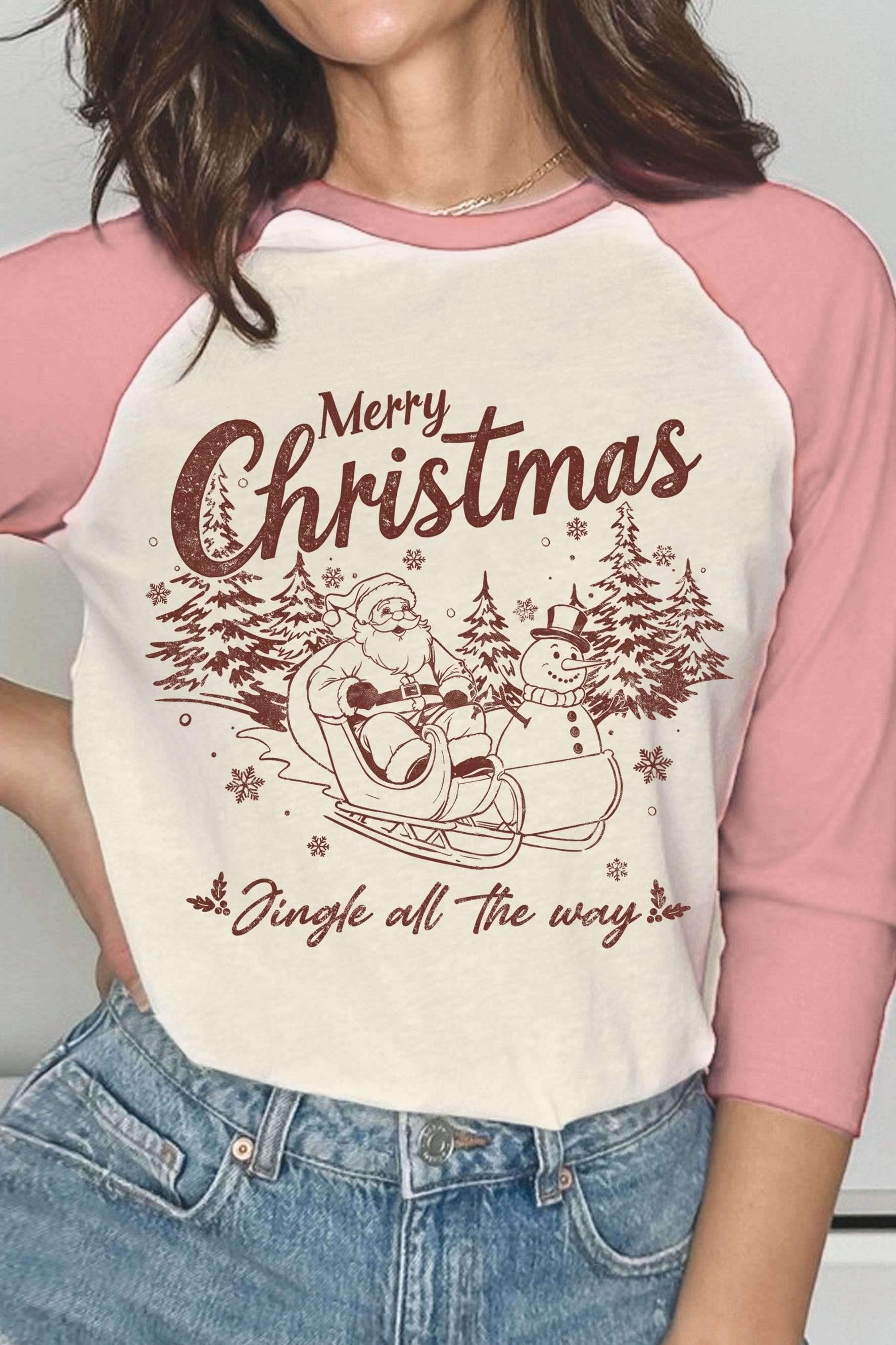 Rustee Clothing - Vendita all'ingrosso Maglietta serigrafata - Donna - CAMICIE RAGLAN CON GRAFICA MERRY CHRISTMAS SANTA1