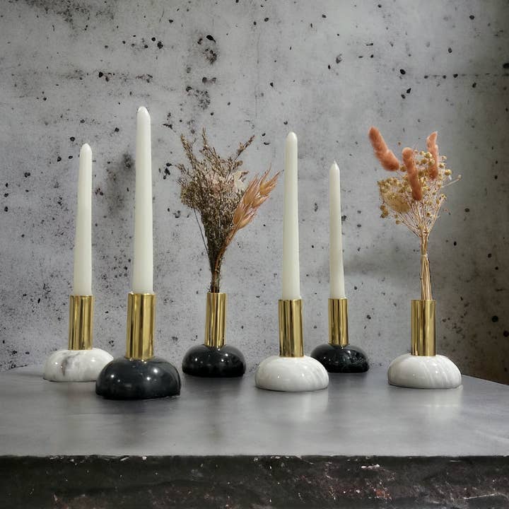 Ziarat White - Half Moon Marble Candle Stand (brass holder) for wholesale by Heaven Spring Ltd