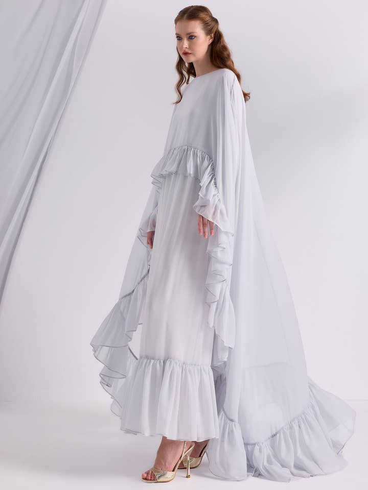 Ice Blue Ruffled Maxi Cape Dress for wholesale by Store WF
