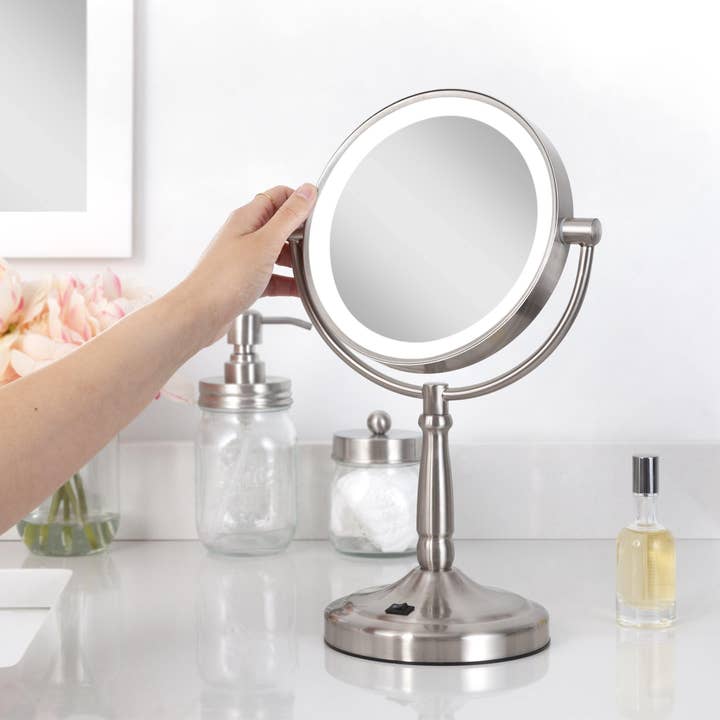 Satin Nickel Lighted Makeup Mirror with Magnification & Cordless for wholesale on Faire