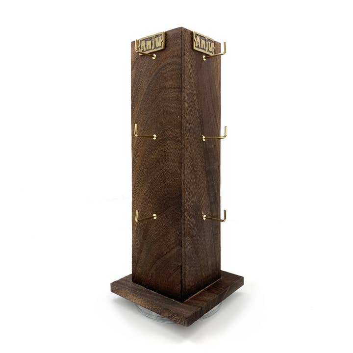 Brown Wood 4 Sided Spinner Display - Tall, 3 Hooks Each Side for wholesale by Anju Jewelry