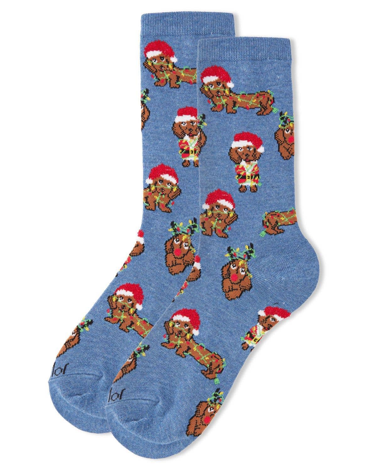 Denim Heather Lit Dachshund Holiday Light Crew Sock for wholesale on Faire2