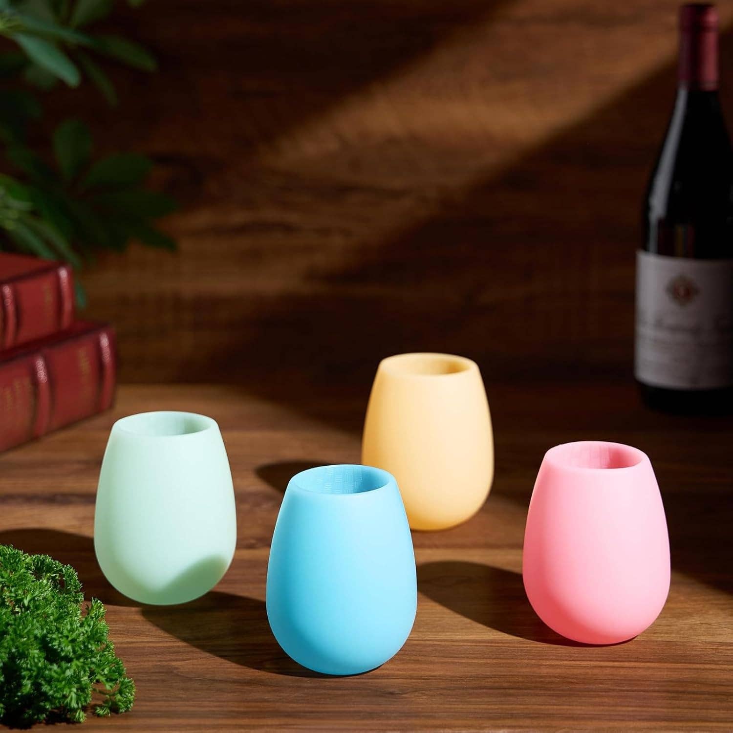 The Wine Savant /  Khen Glassware – Engroshandel Vinglas – Silikone vinglas 12 oz pastelfarvet sæt med 45