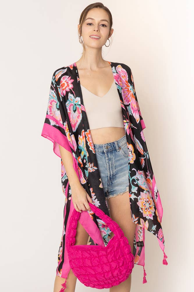 Hana - Wholesale Kimono - Women's - Floral Print Stripe Edge Tassel Summer Kimono5