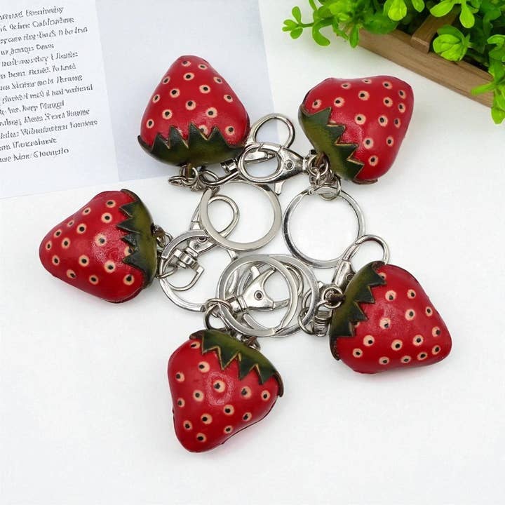 leather strawberry key chain purse charm for wholesale by Sunflower Handmade leather inc