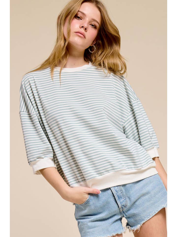 La Miel – Engroshandel Strikket top - Dame – MCT7688-løs pasform Stribet kortærmet top med rund halsudskæring30