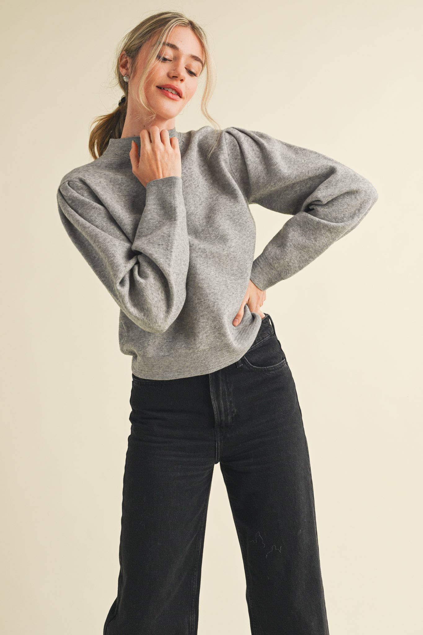 &MERCI - Wholesale Knit Sweater - Women's - MOCK NECK PUFF SLEEVE SWEATER MSW1103070