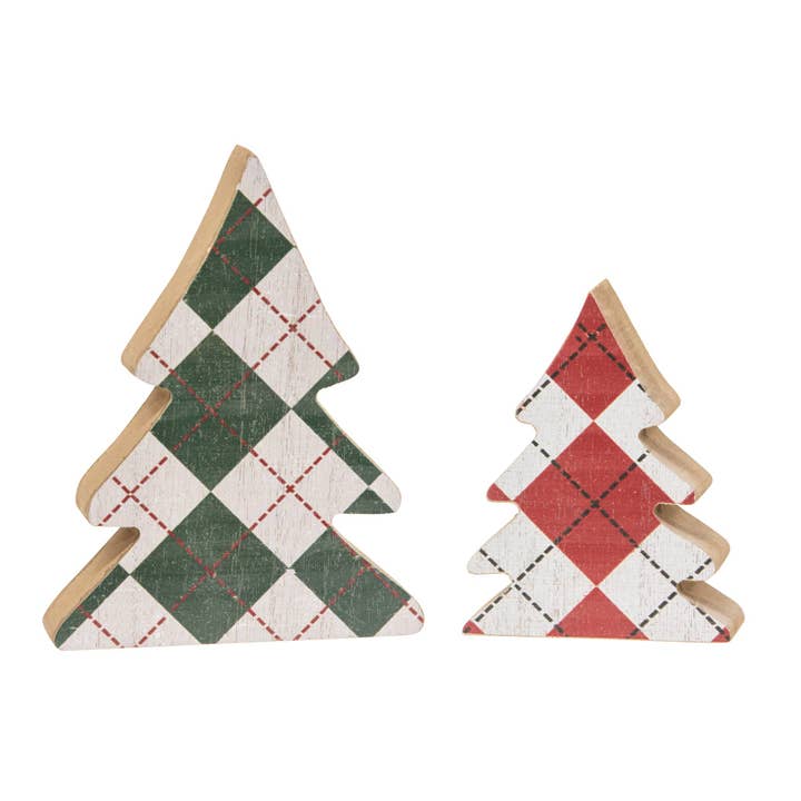 Set de 2 árboles de Navidad de madera a cuadros para venta al por mayor de CWI Gifts