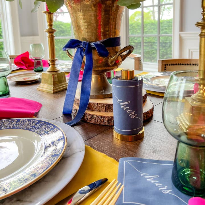 Table Theory (Formerly Toasting with Tara) – wholesale Disposable napkin – Cotton Cocktail Napkin Roll: Mystic Blue - White "Cheers"5