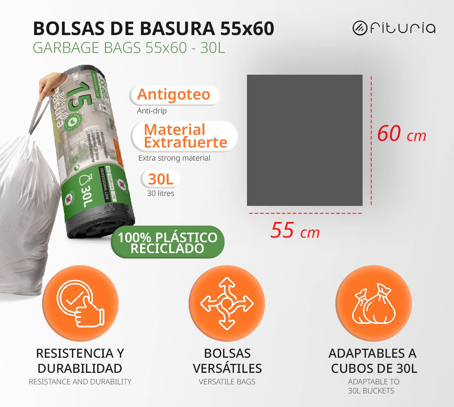 MEDEL OFFICE – wholesale Papperskorg/papperskorg – Återvunna självstängande tunga papperspåsar 55x60cm 30L1