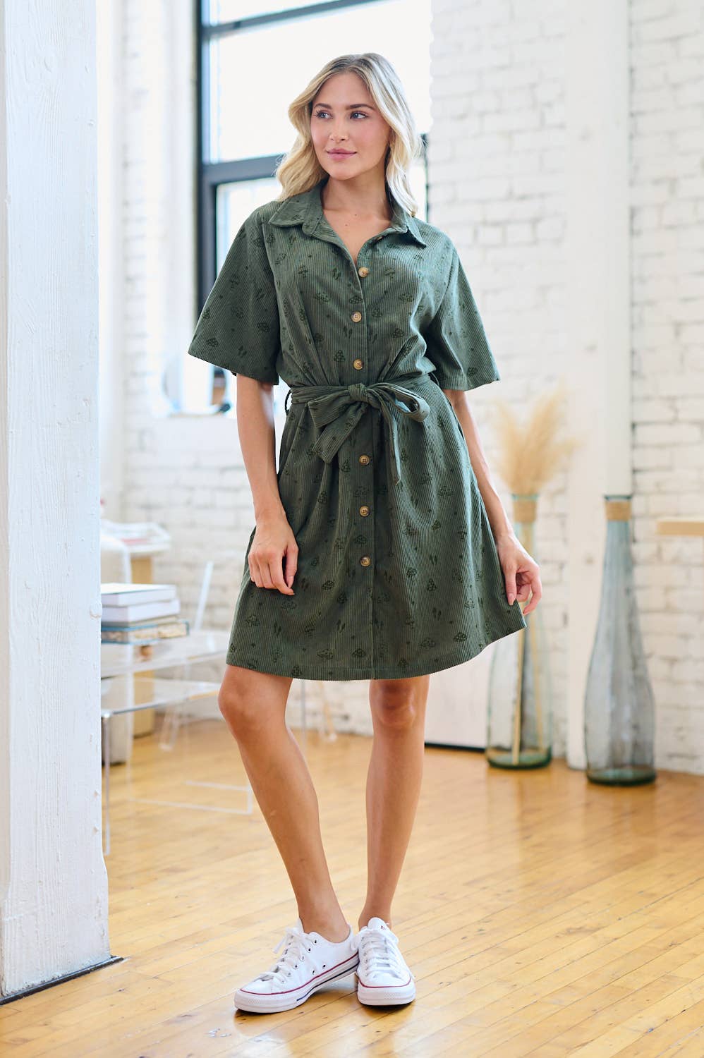 SM WARDROBE – wholesale Dress – Women's – MUSHROOM PRINT CORDUROY SHIRT DRESS - GREEN3