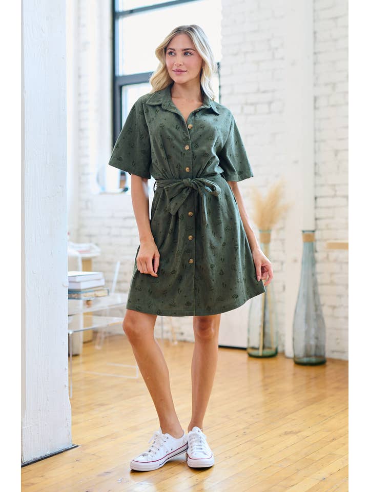 SM WARDROBE - Wholesale Dress - Women's - MUSHROOM PRINT CORDUROY SHIRT DRESS - GREEN3