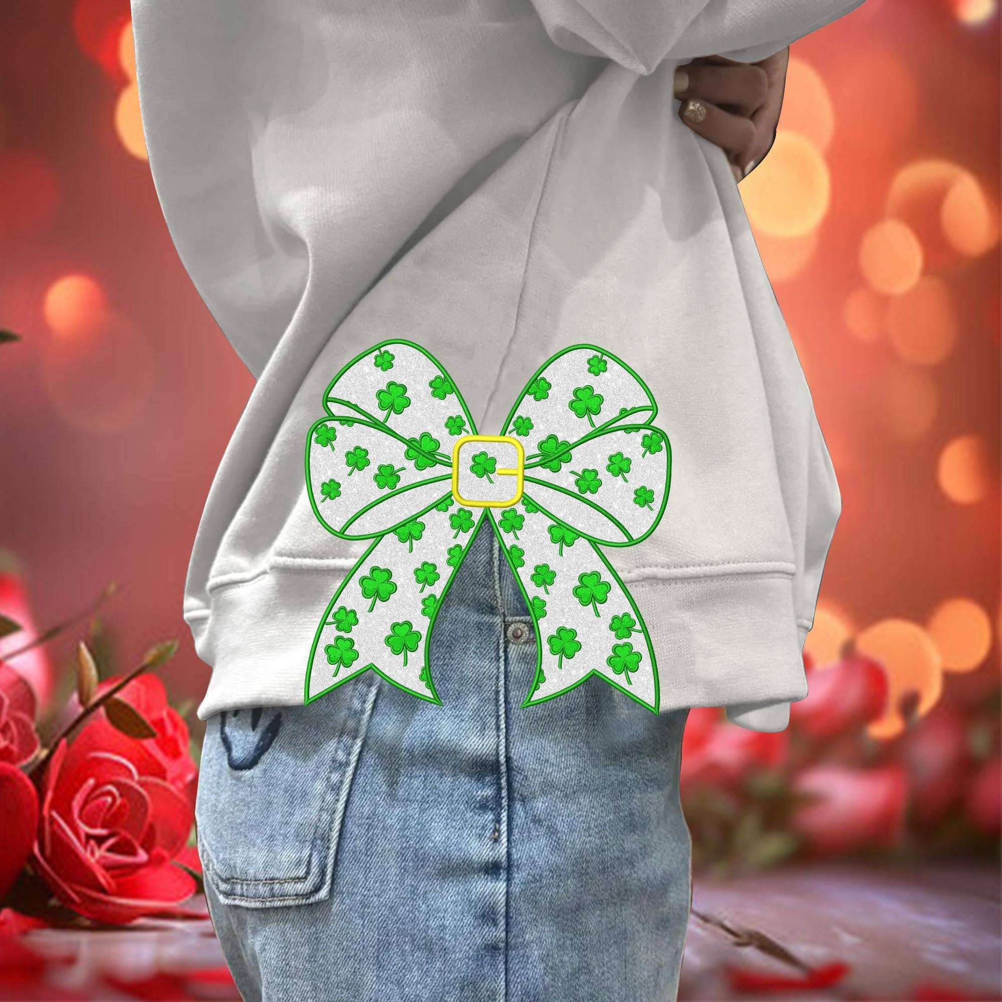 NVC Ecommerce LLC - Wholesale Graphic Sweatshirt - Women's - St.Patrick Day Clover Side Bow, Embroidered Side Bow Sweater0