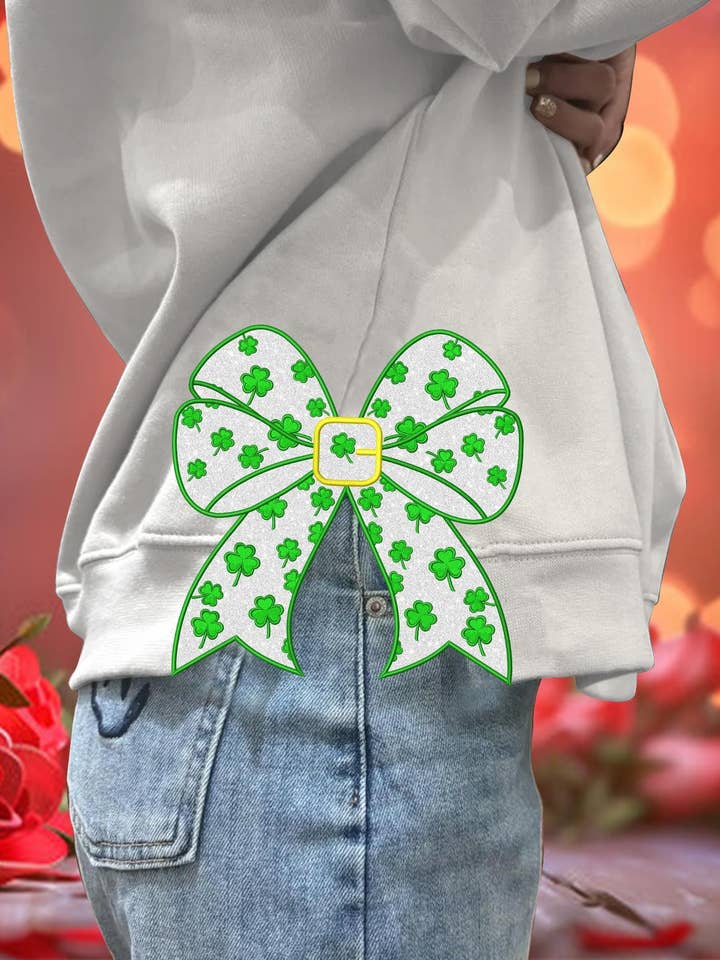 NVC Ecommerce LLC - Wholesale Graphic Sweatshirt - Women's - St.Patrick Day Clover Side Bow, Embroidered Side Bow Sweater