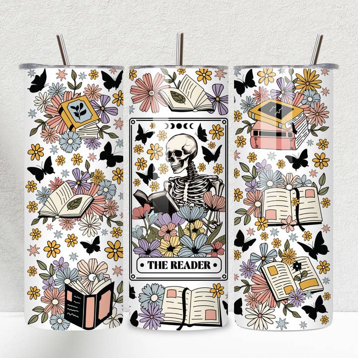 The Reader Tarot Skeleton Books 20oz Skinny Tumbler for wholesale by House Of Rodan