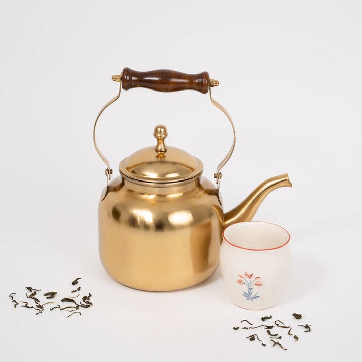 Marble Lotus Original - Wholesale Tea Pot - Matte Gold Tea Kettle with Wooden Handle