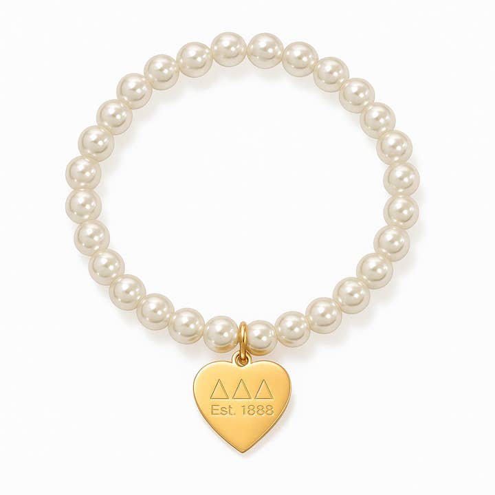 Delta Delta Delta Heart Tag on Pearl Stretch Bracelet for wholesale by Shawn Paul