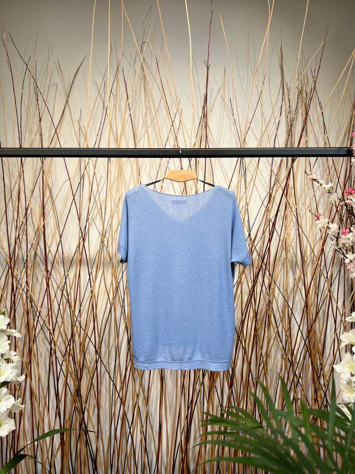 L'Emotion - Vente T-shirt – femme - T-Shirt Col V Manche Courte Décoration Paillètes Argentés8